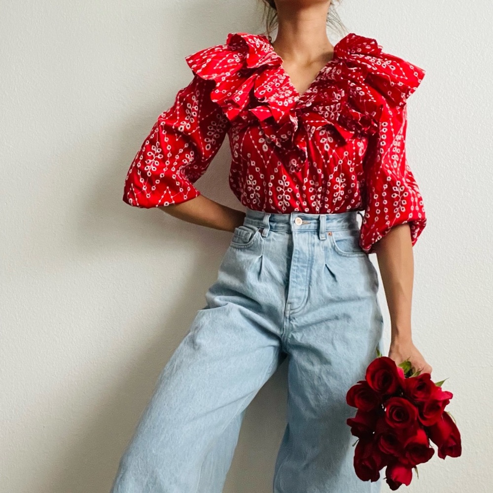 Zara red openwork embroidered ruffle blouse top